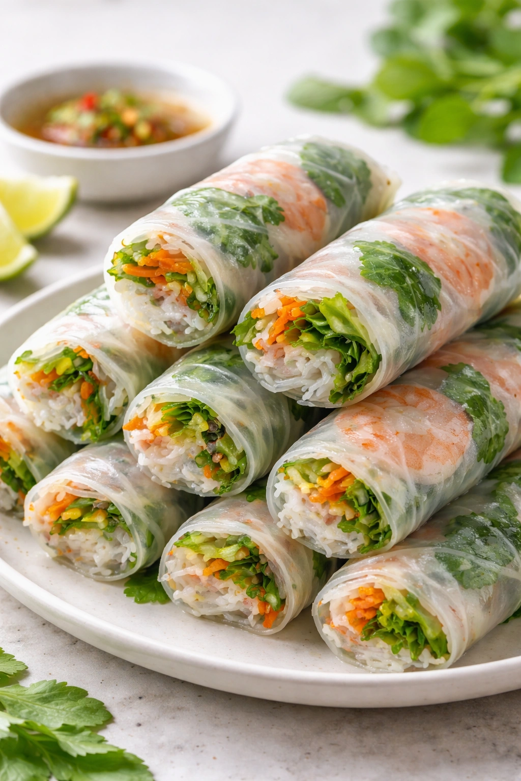 Close-up of translucent rice paper spring rolls showing herbs