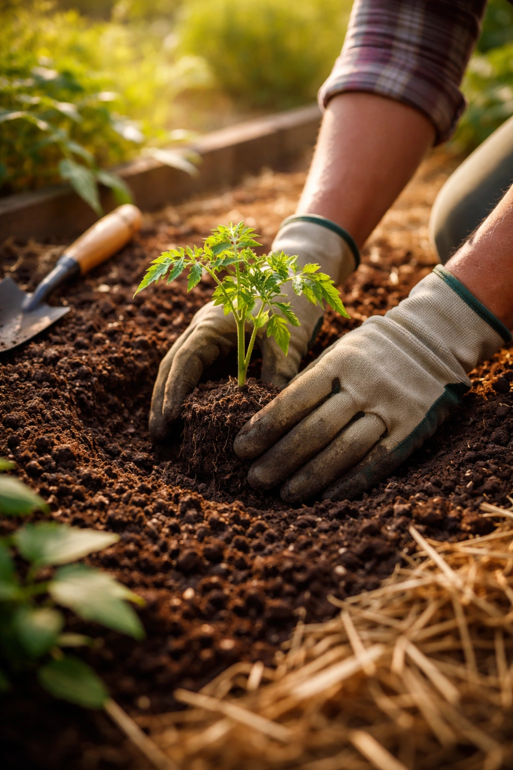 Hands transplanting seedling into compost-enriched bed in July