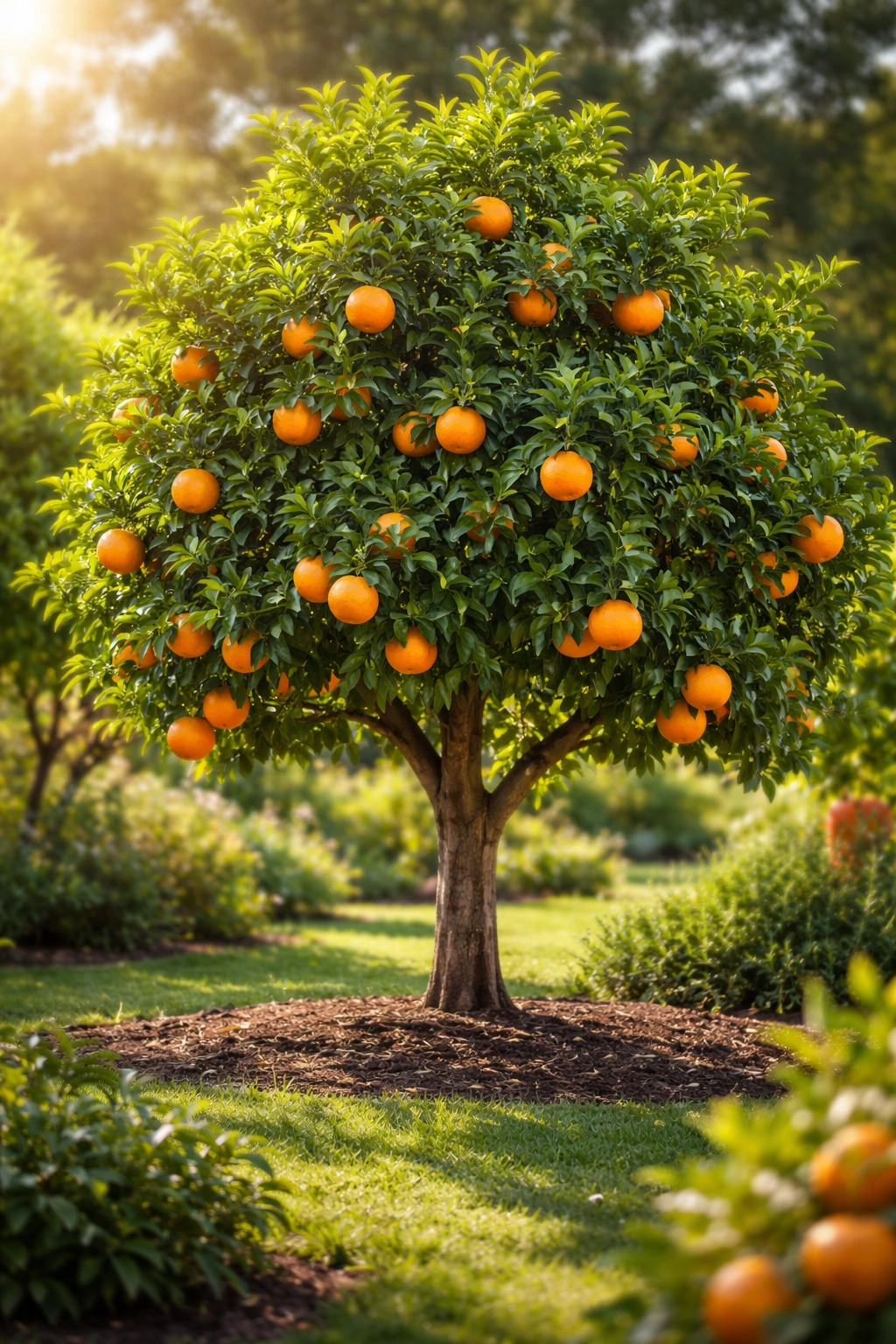 Healthy lush orange tree in bright sun showing vigor