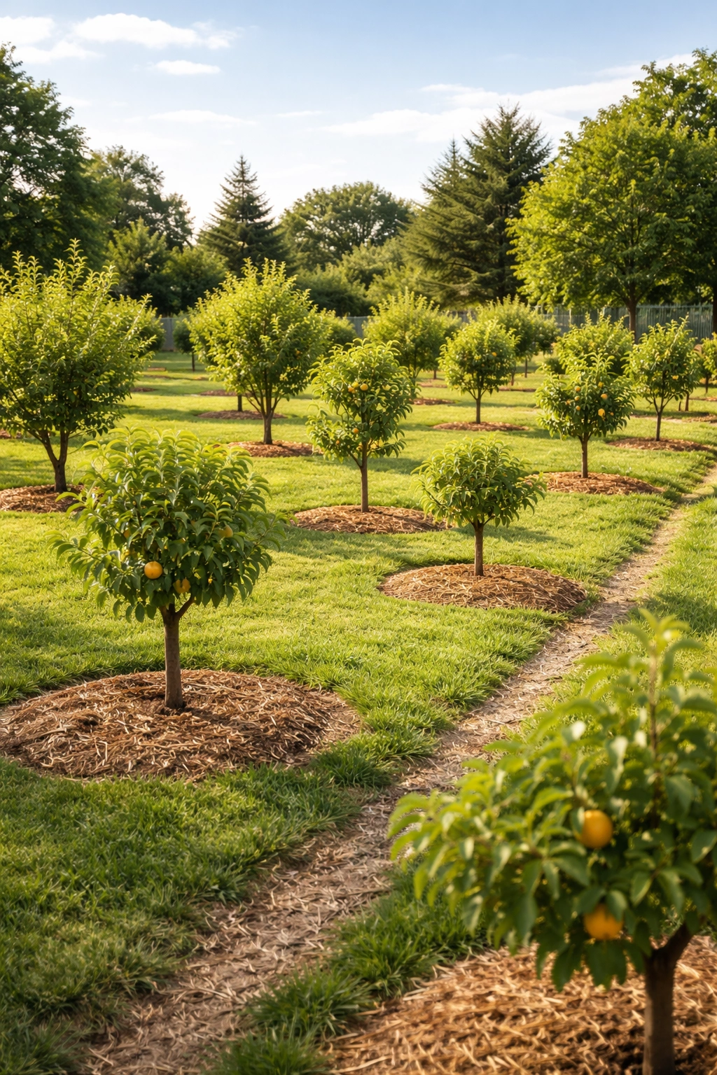 Evenly spaced young trees in a garden bed showing proper spacing