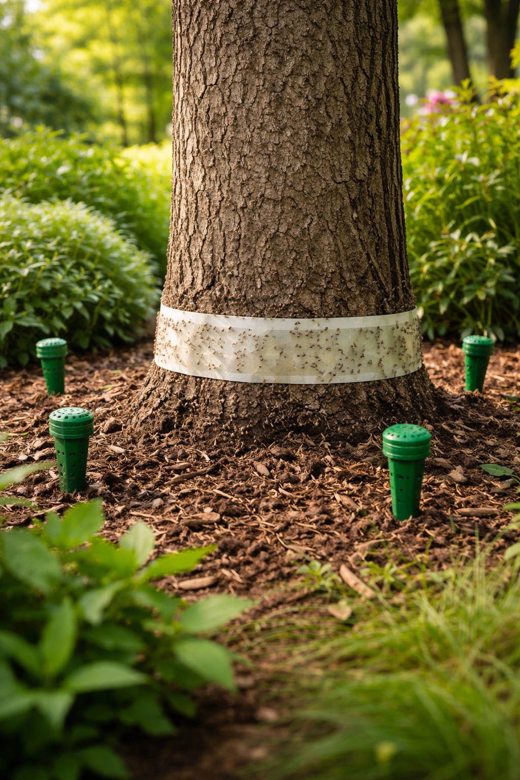 Tree trunk with sticky barrier and ant stakes in garden bed