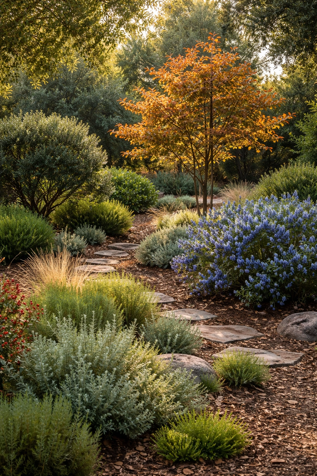 Woody garden scene with a tree, shrubs, and native Ceanothus