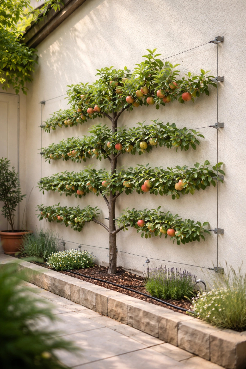 Fruit tree trained on trellis against a wall in a courtyard