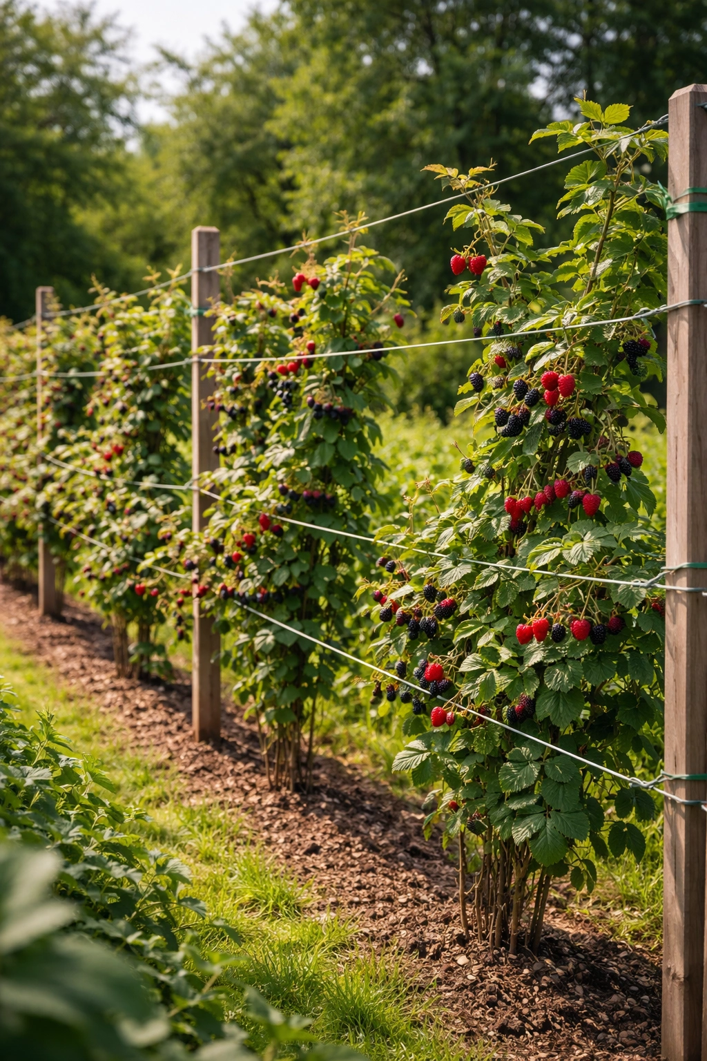 Berry canes trained on trellis for maximum yields