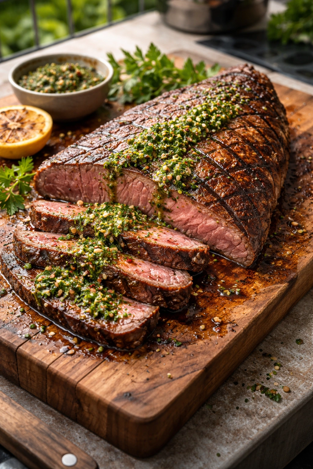 Grilled tri-tip steak resting on cutting board with grill marks