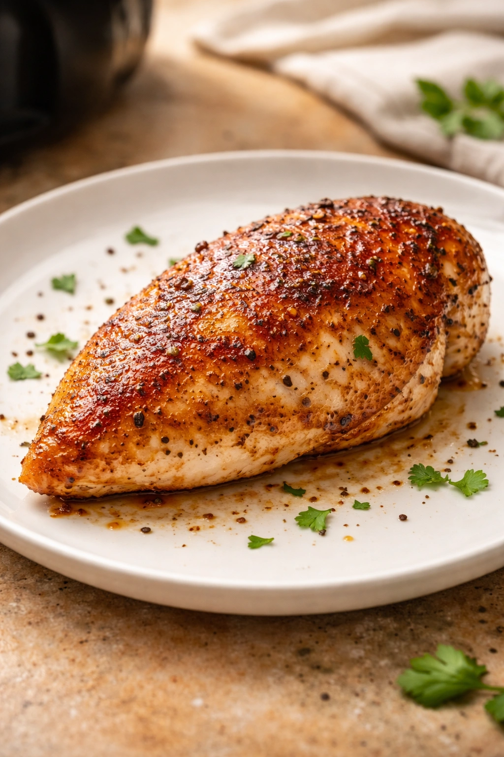 Close-up of a browned crispy air-fried chicken breast