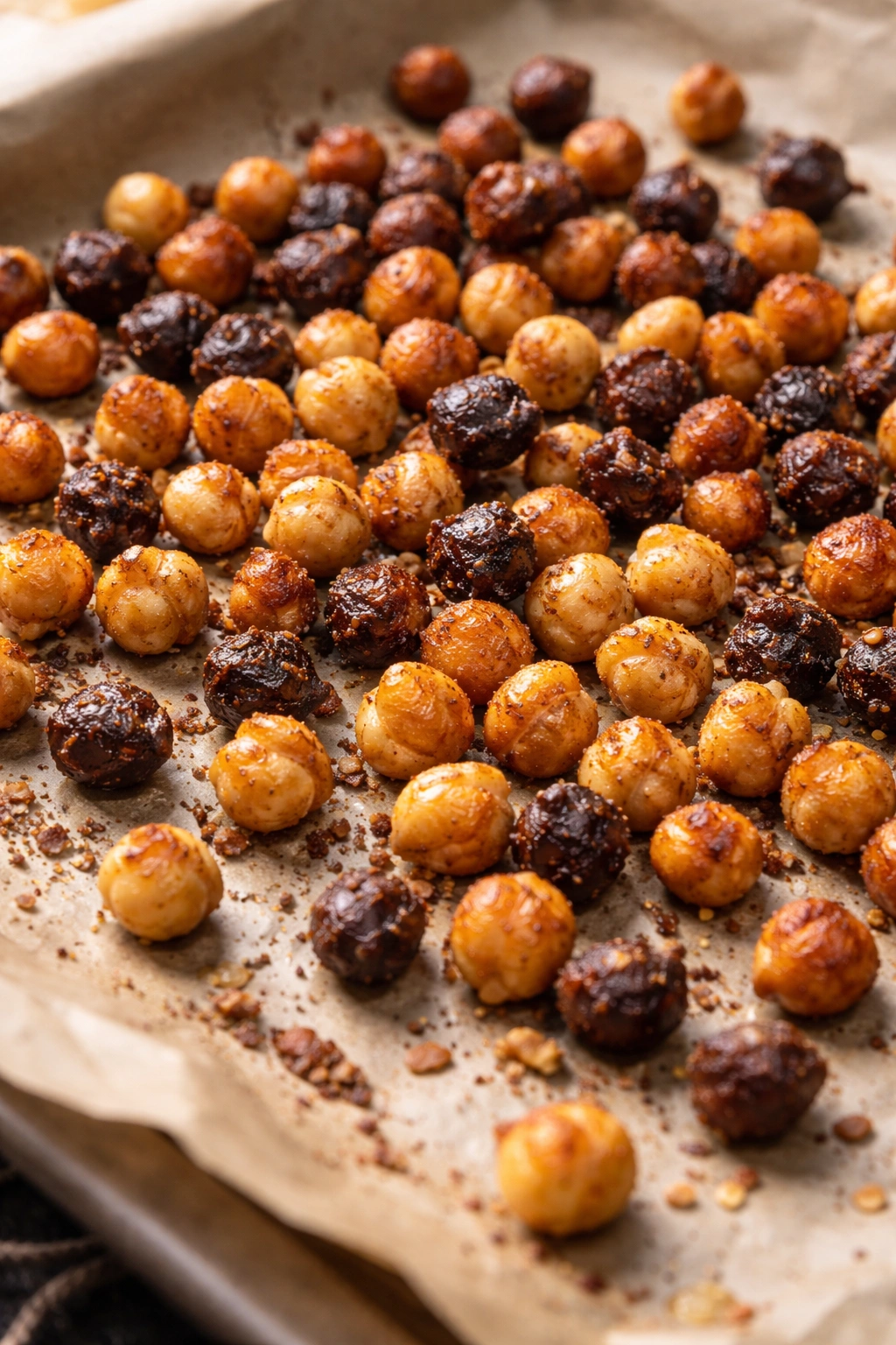 Roasted chickpeas showing both burnt and crispy textures