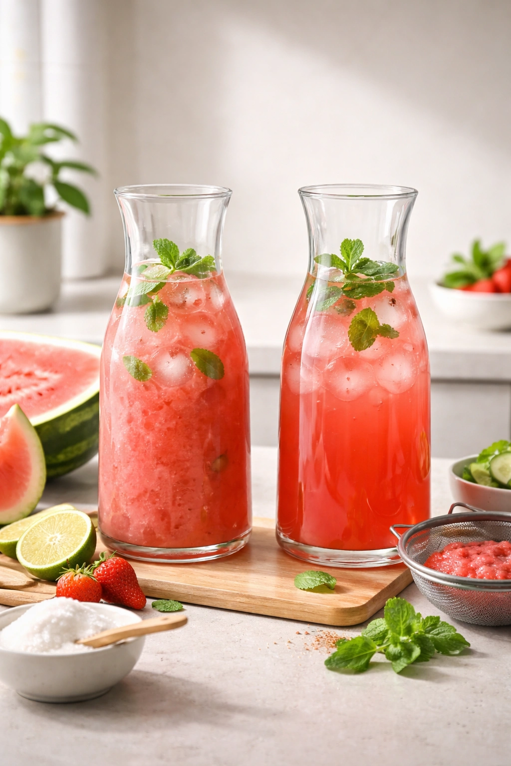 Two glass carafes showing different liquid clarity