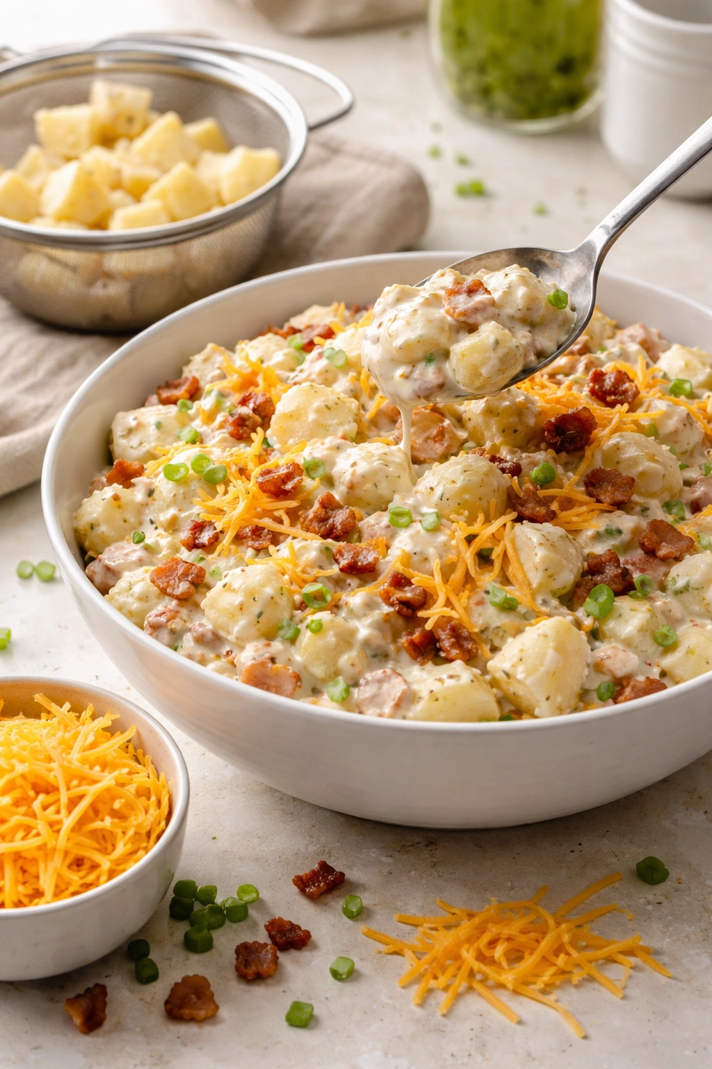 Potato salad with a sieve and cheese for troubleshooting