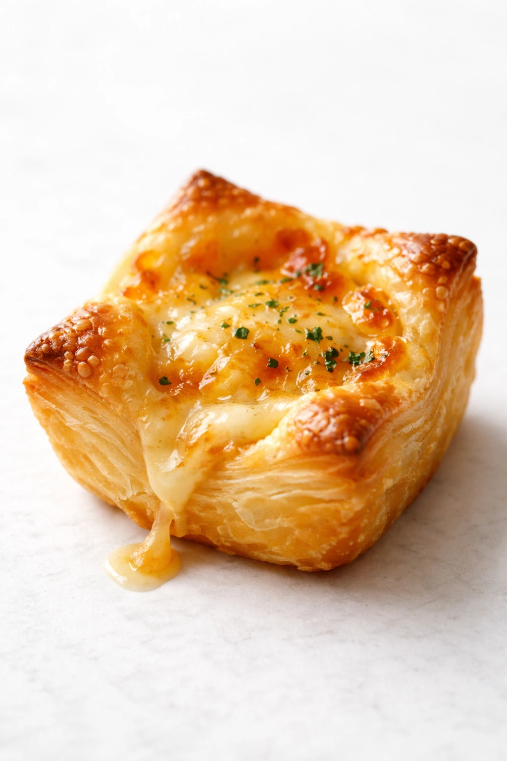 Puff pastry bite bubbling cheese close-up