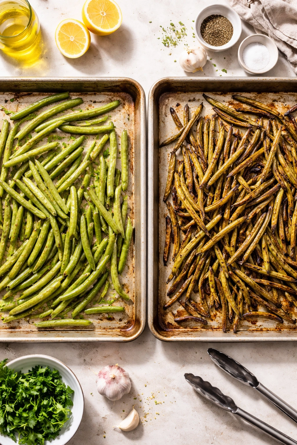 Left pale undercooked beans vs right golden-brown crispy beans for troubleshooting