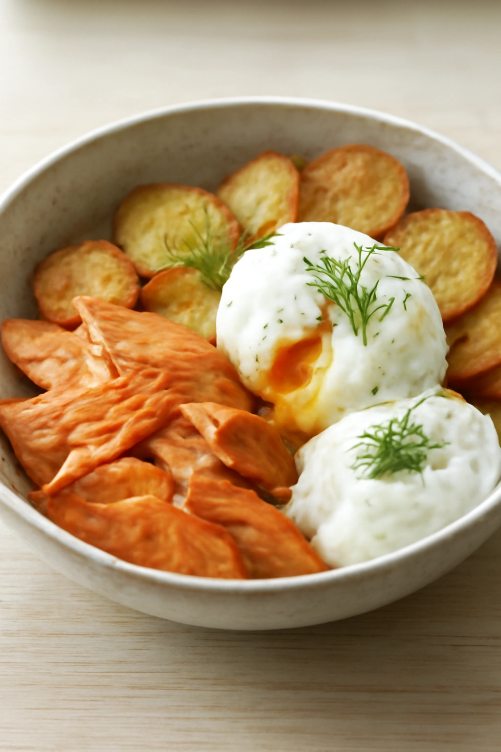 Bowl of smoked trout breakfast with poached egg, crispy potatoes, and horseradish cream