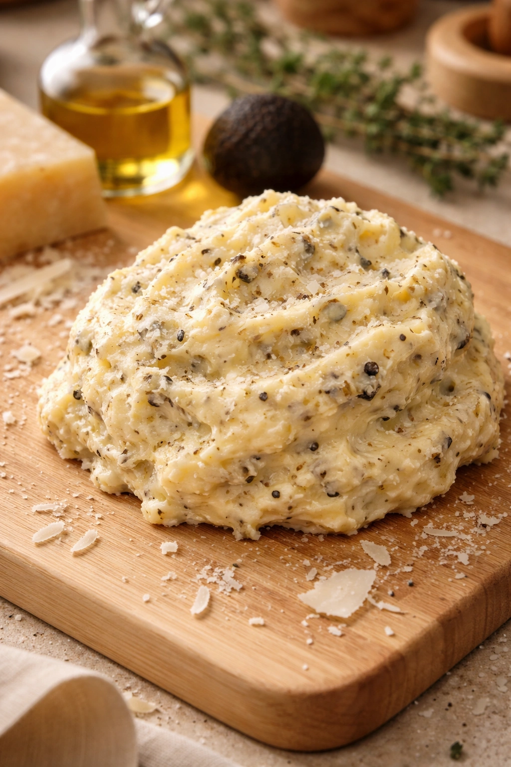 Close-up of truffle parmesan butter pat with Parmesan flecks on wood