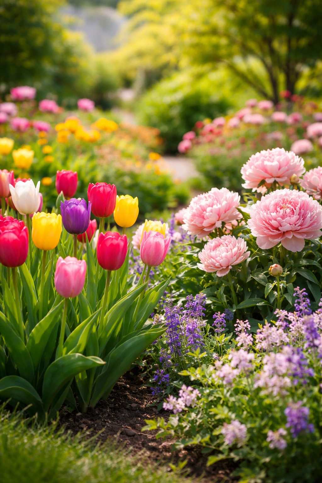 Tulips and peonies blooming in a sunny garden border