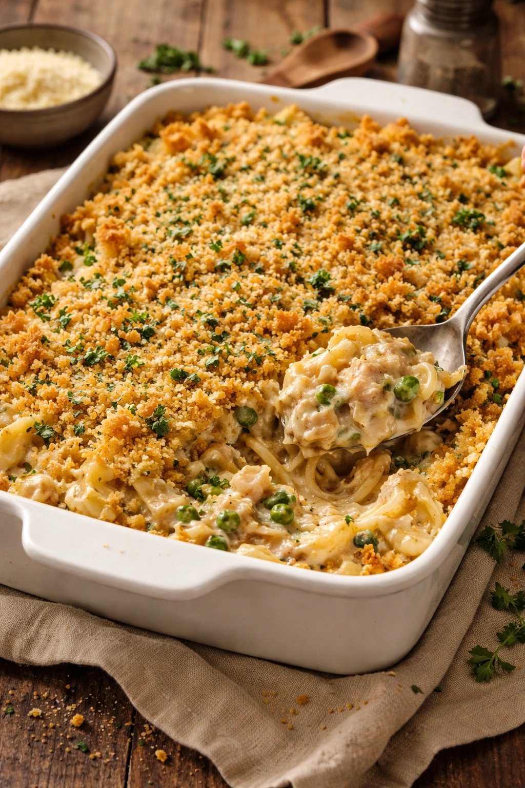 Hot creamy tuna casserole with a breadcrumb crust.
