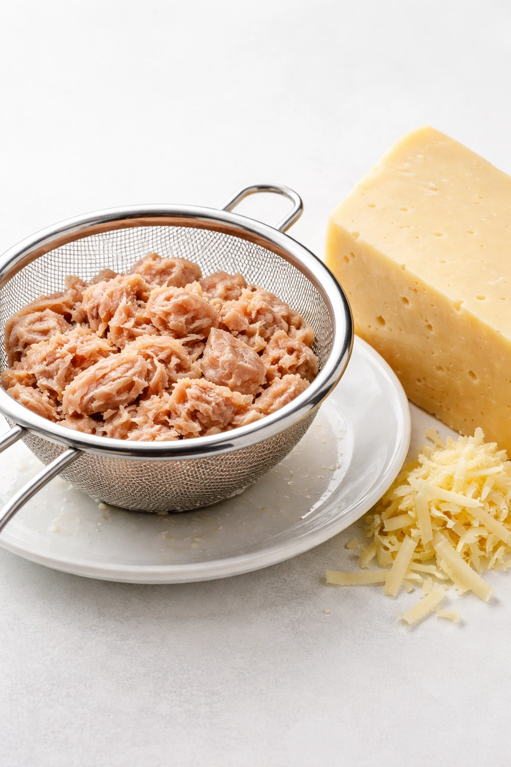 Canned tuna and cheese on a clean surface ready for casserole