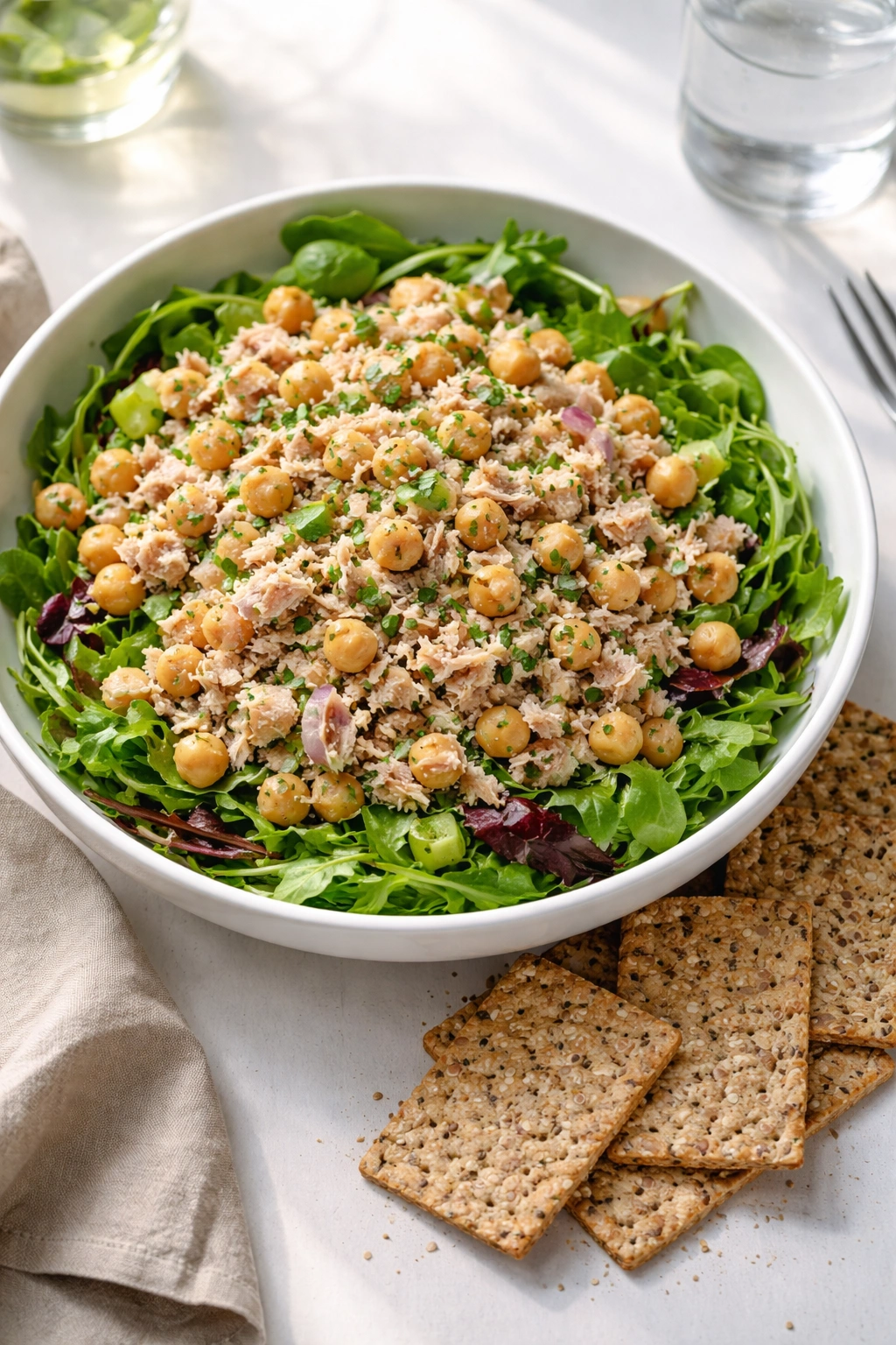 Tuna salad with chickpeas and greens with whole grain crackers on the side