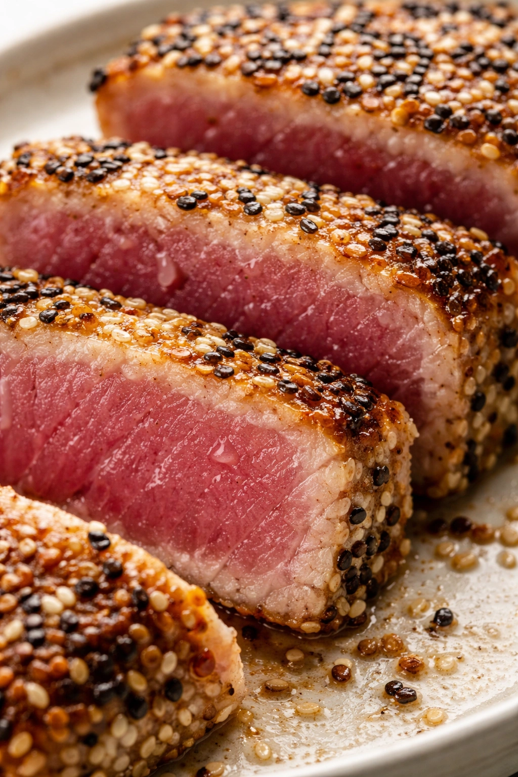 Ahi tuna with sesame crust showing moisture and uneven browning