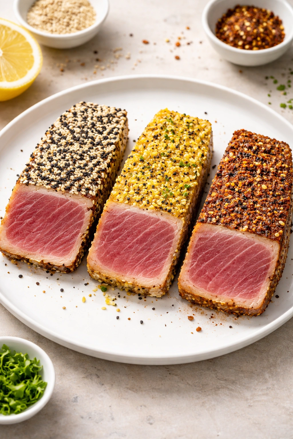 Sliced seared tuna with three distinct crusts on a plain plate