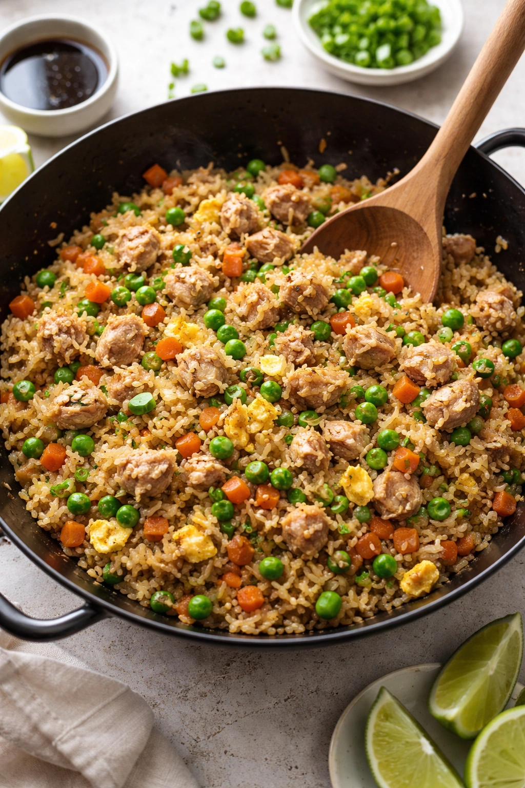 Bowl of tuna fried rice with peas and carrots.