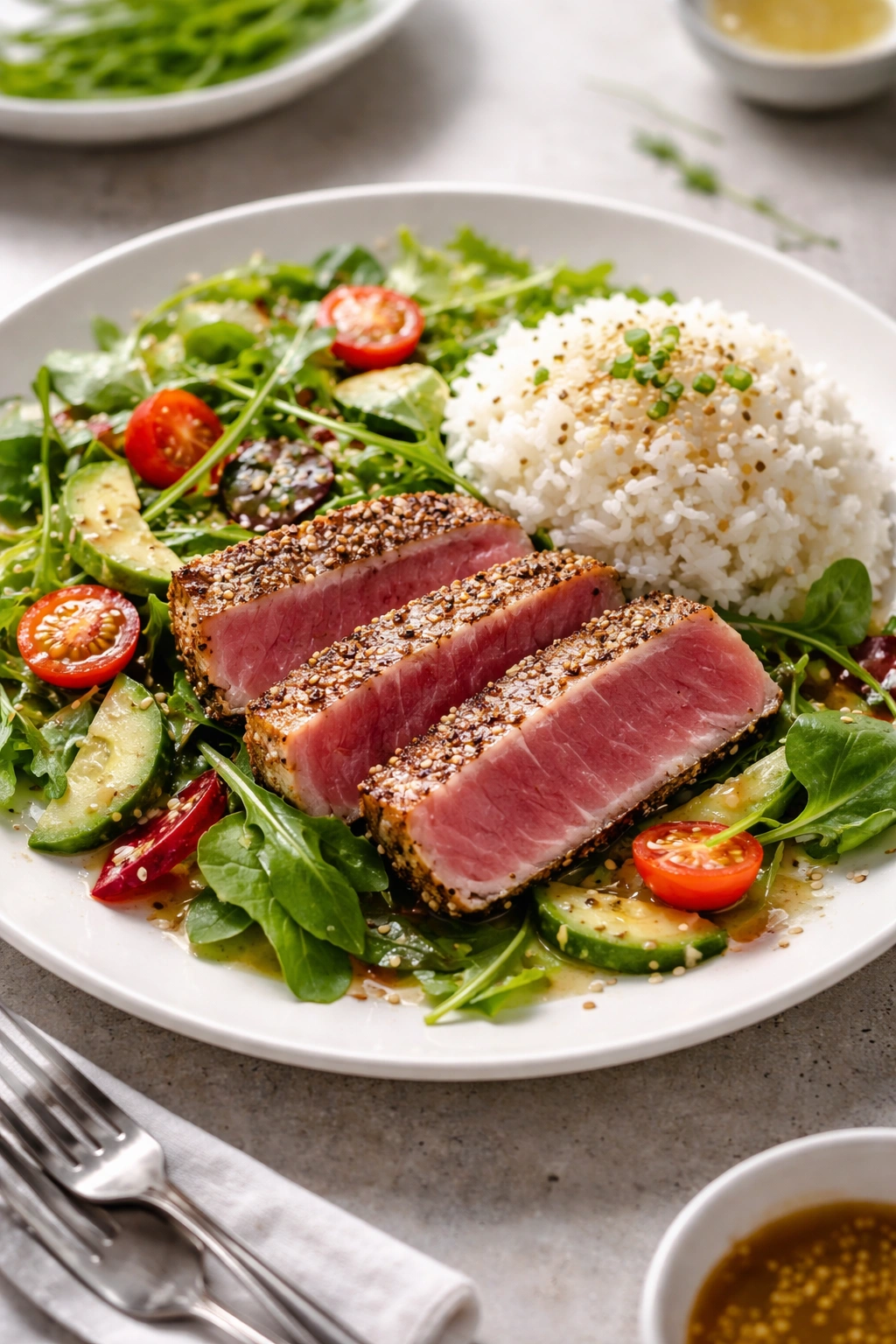 Seared tuna plated with greens and rice to illustrate pairings