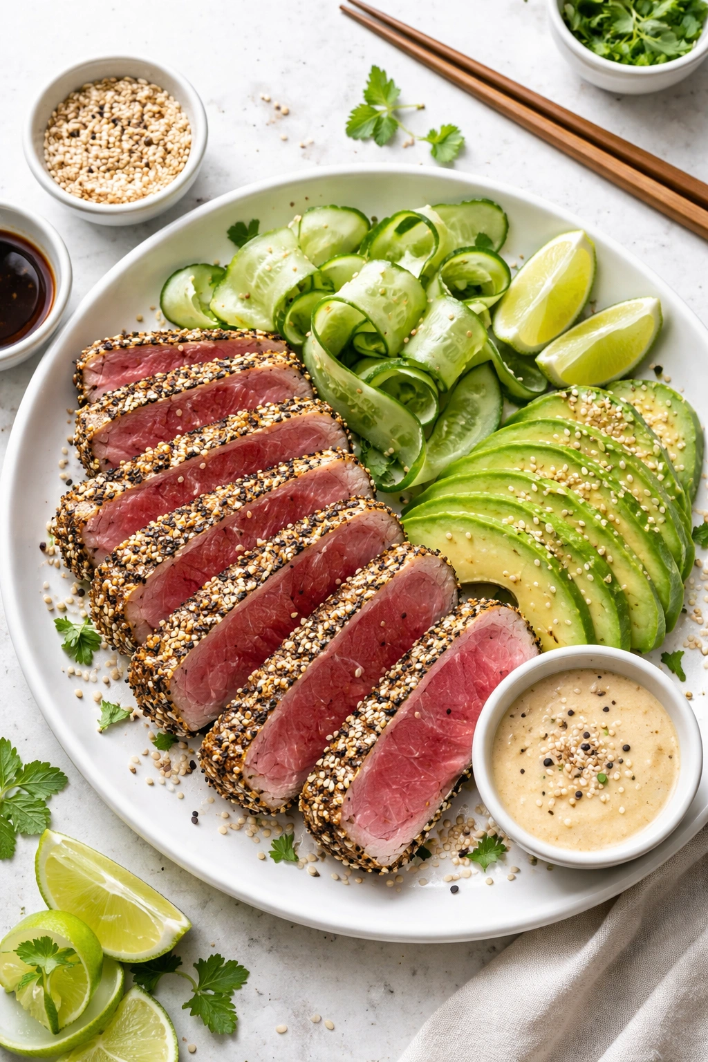 Plate of sesame-crusted tuna with cucumber ribbons and avocado slices