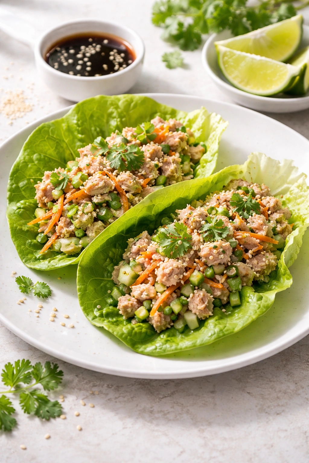 Lettuce wraps filled with tuna mixture on a plate.