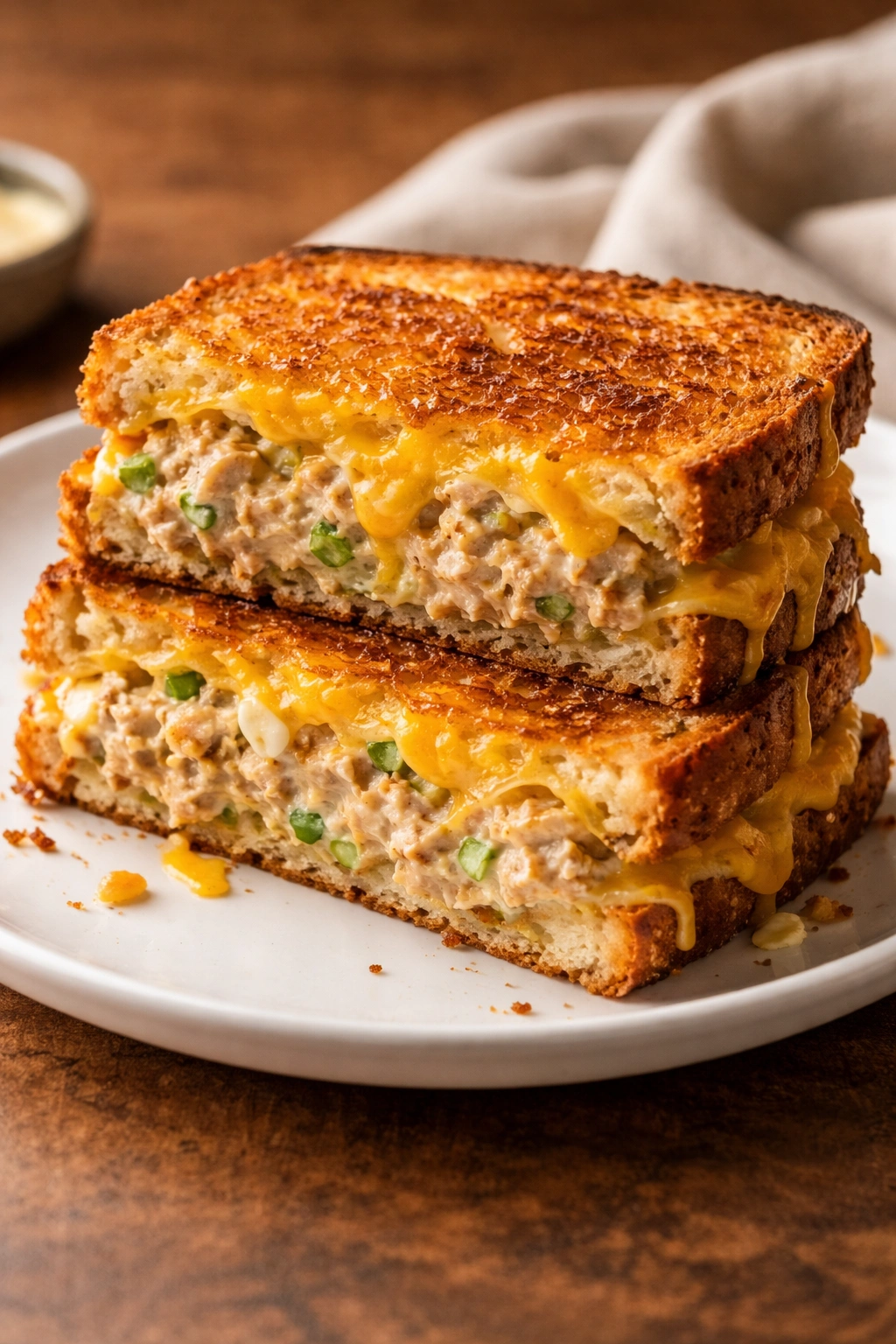 Cross-section of a tuna melt showing melted cheese and tuna filling.