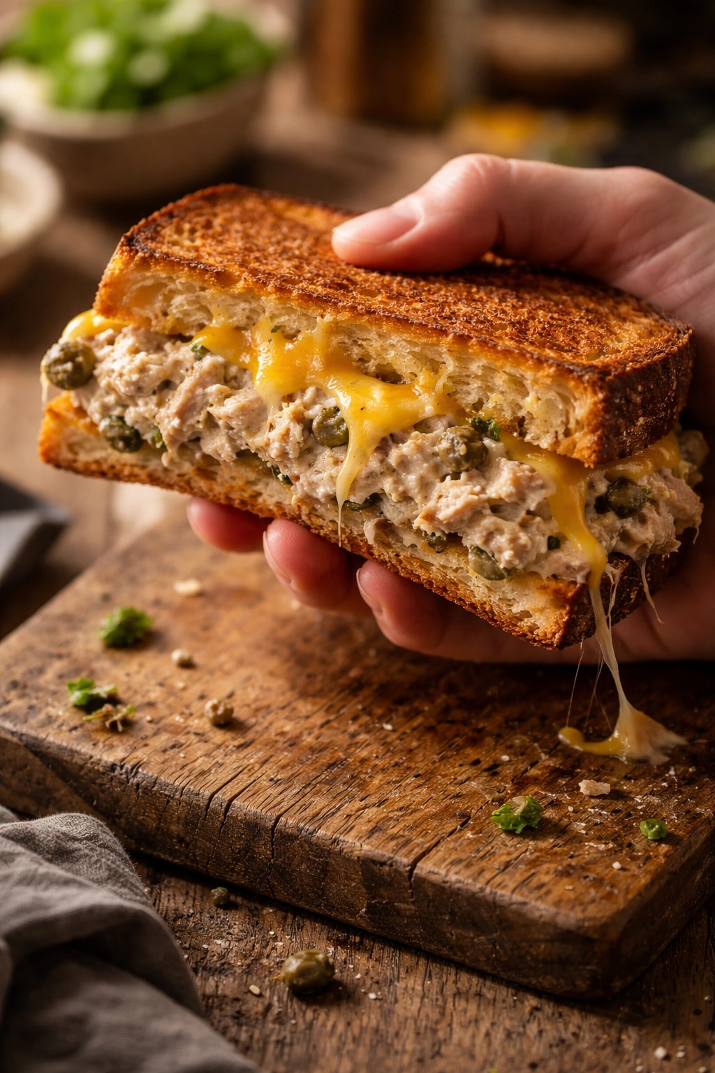 Close-up of a tuna melt sandwich held in a hand, with melted cheese and tuna filling.