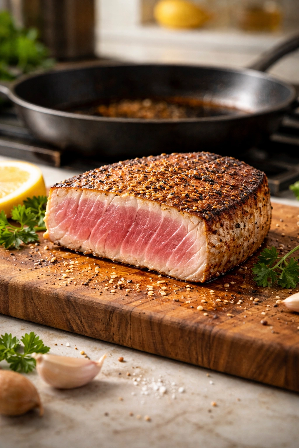 Tuna steak with ideal sear showing proper doneness
