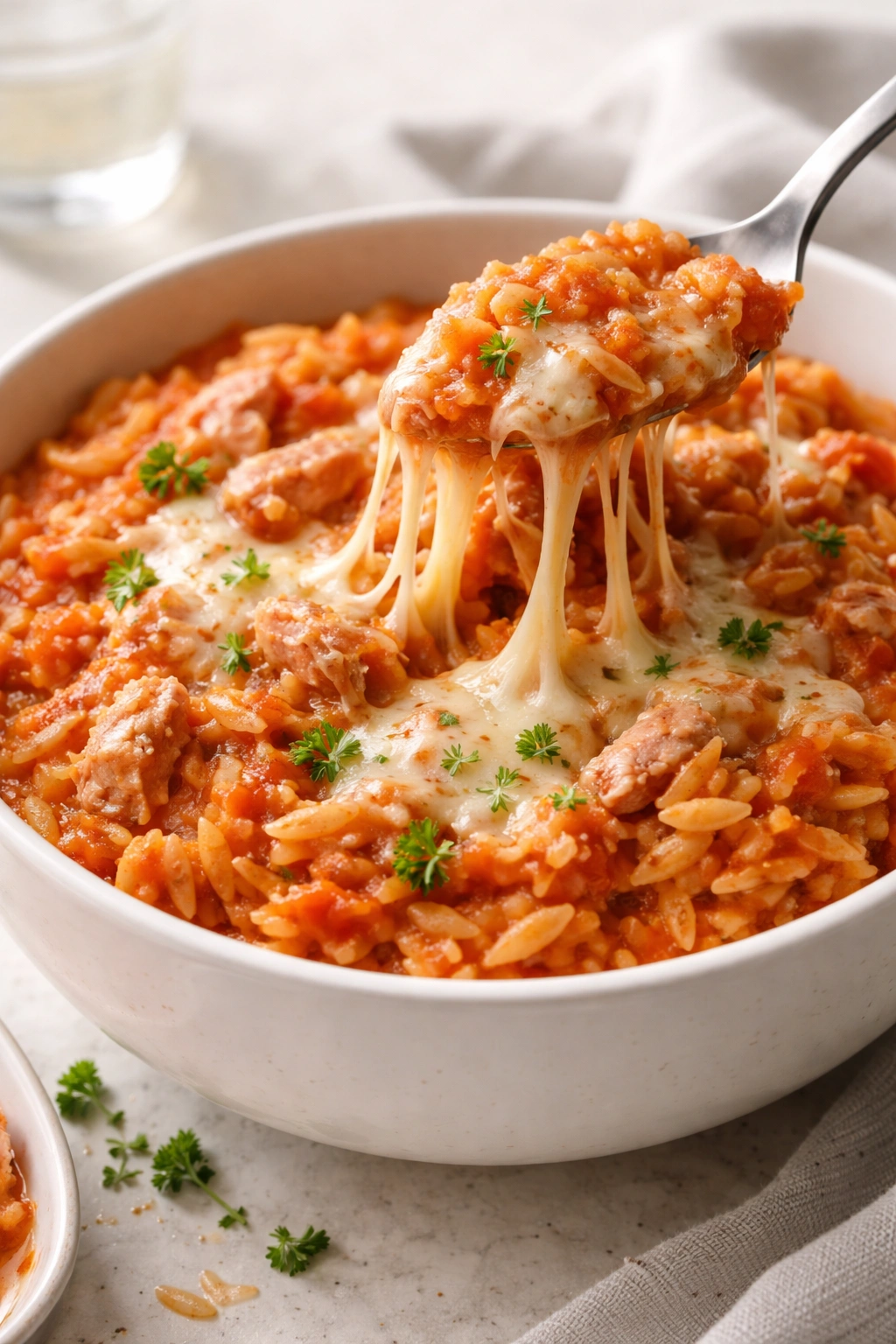 Orzo with tuna and melted cheese in a white bowl, marinara visible