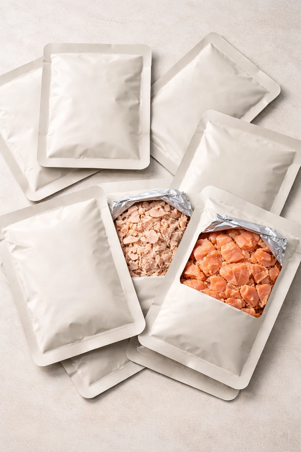 Close-up of label-free tuna and salmon packets on a neutral surface