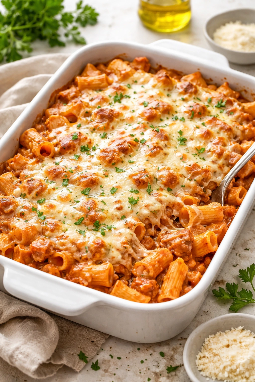 Creamy tuna pasta bake in a baking dish with melted mozzarella