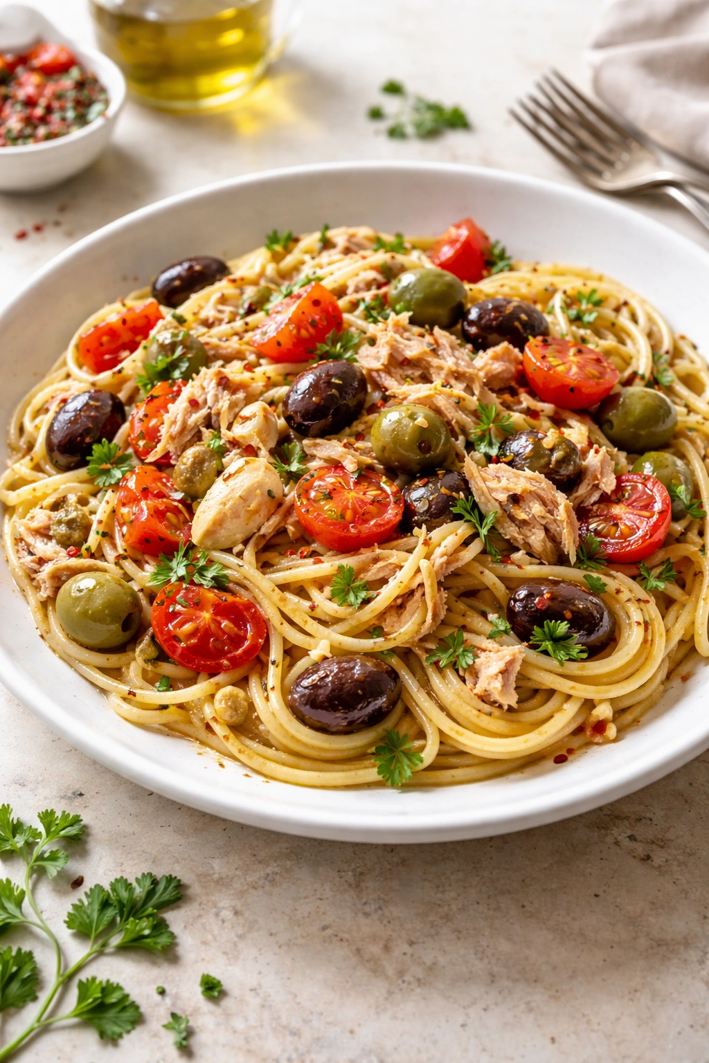 Plate of Mediterranean tuna pasta with olives and capers.
