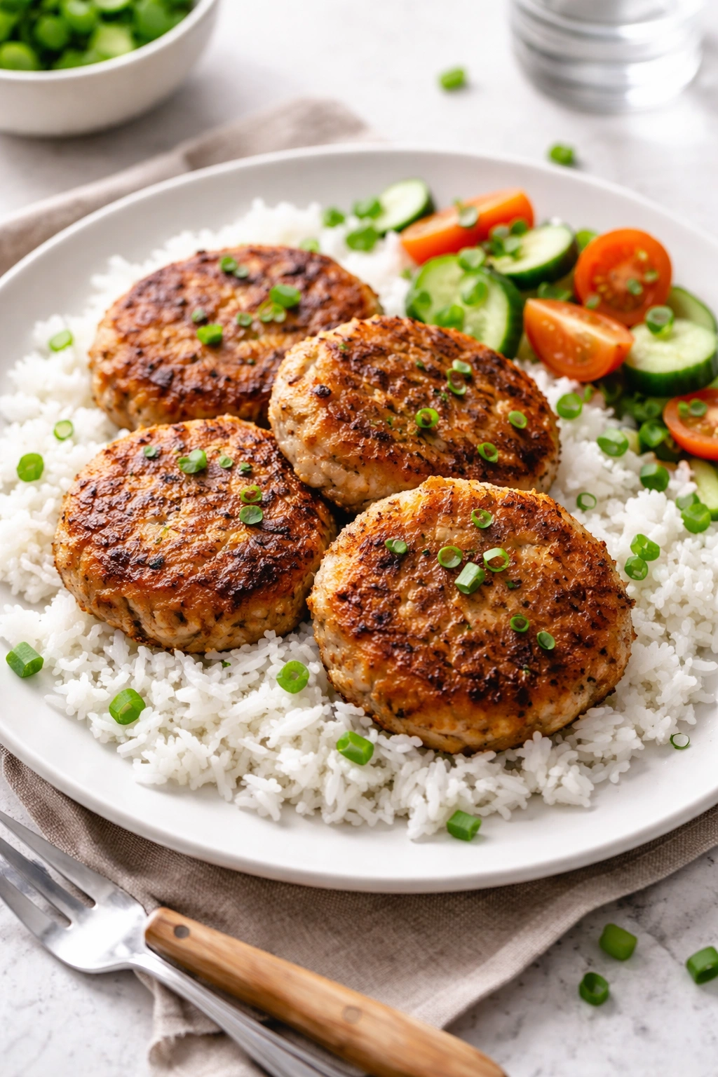 Tuna patties served over white rice on a plate