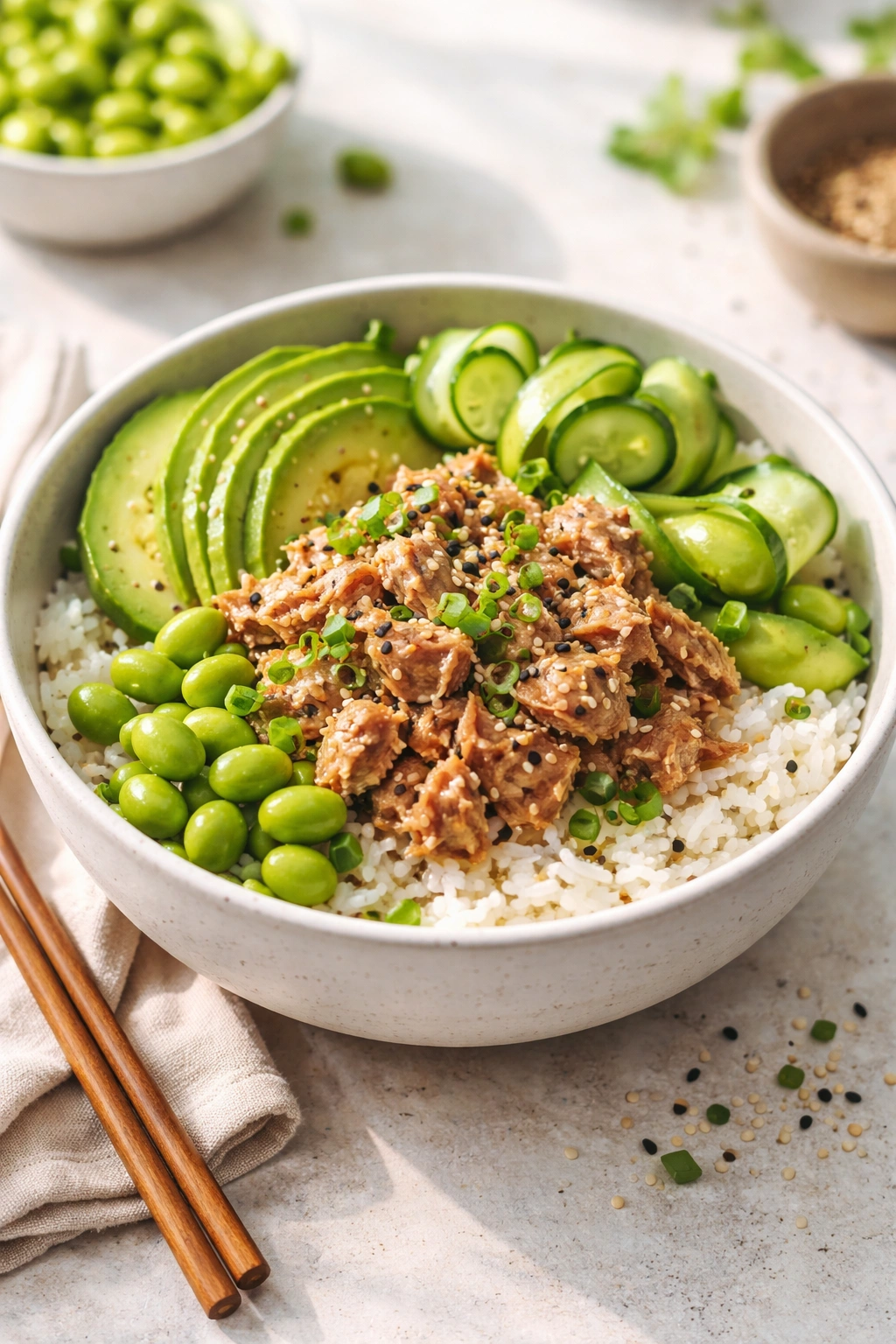 Bowl of tuna poke with rice and fresh toppings