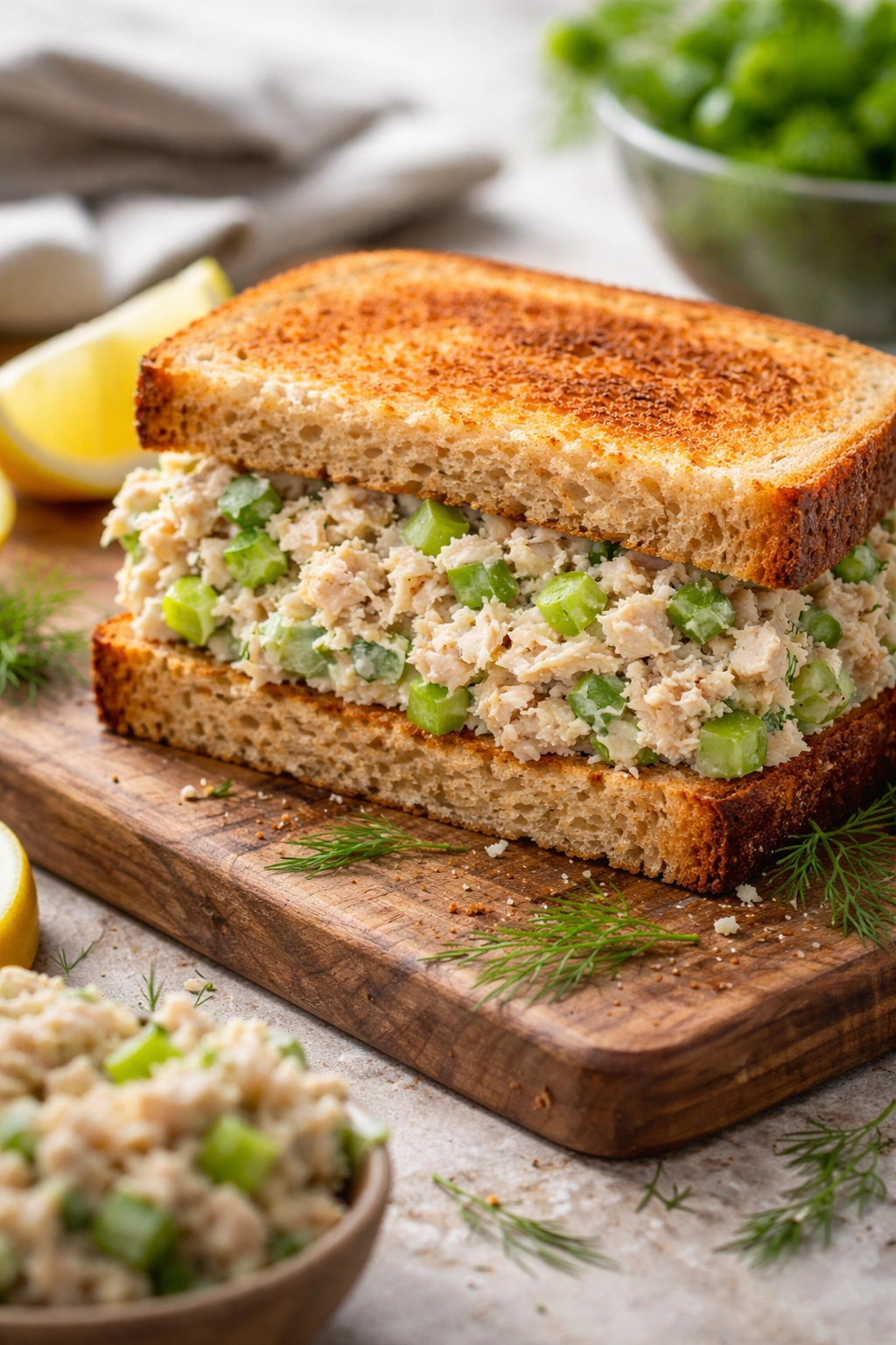 Tuna salad sandwich with dill on toasted bread