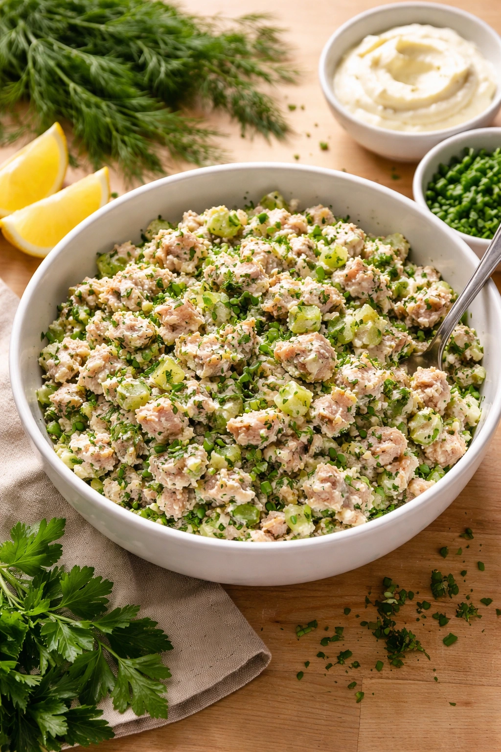 Close-up of bright tuna salad with fresh herbs in a bowl.