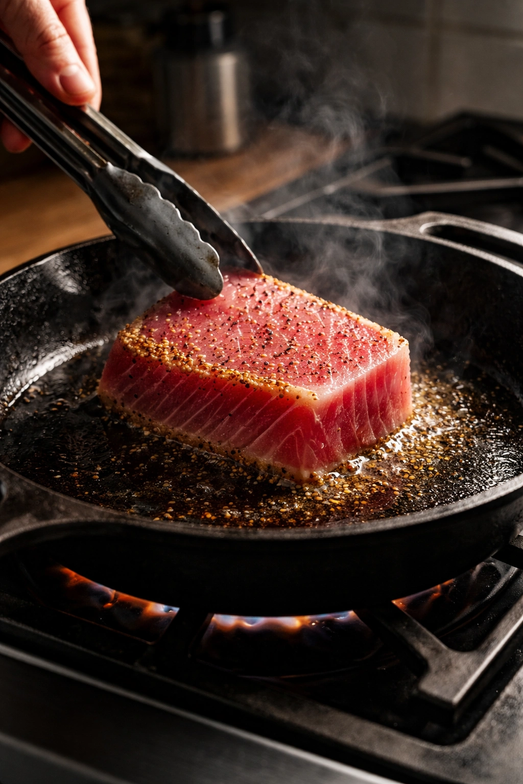 Tuna steak searing in a hot cast iron skillet