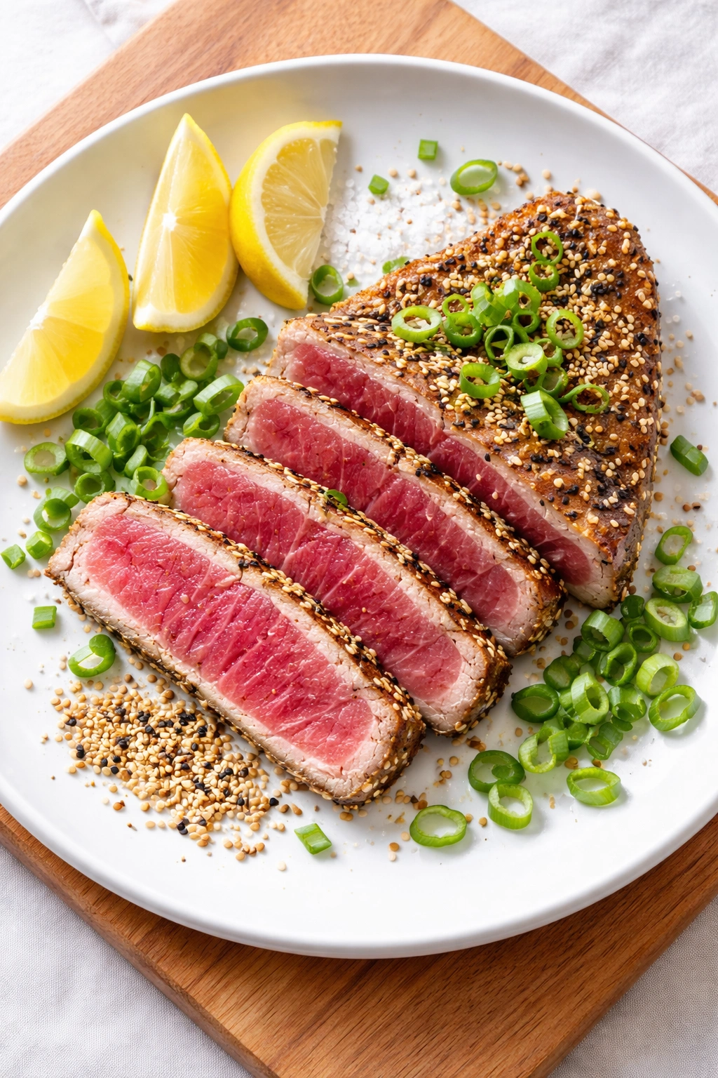 Tuna plate with lemon wedges and finishing salt