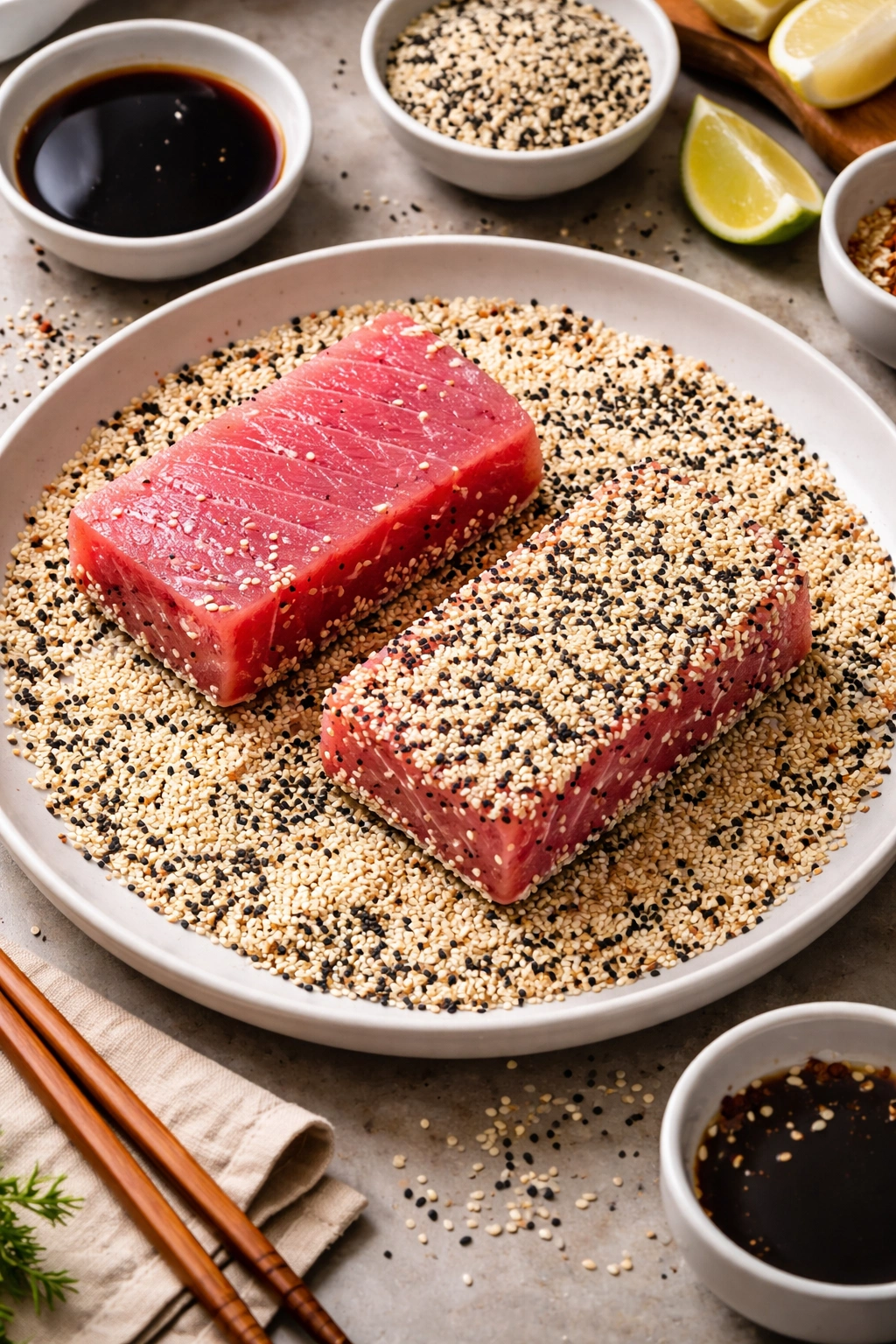 Ahi tuna blocks being rolled in sesame seeds for crust