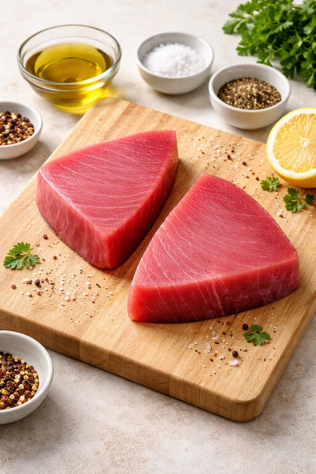 Two raw tuna steaks on a light cutting board