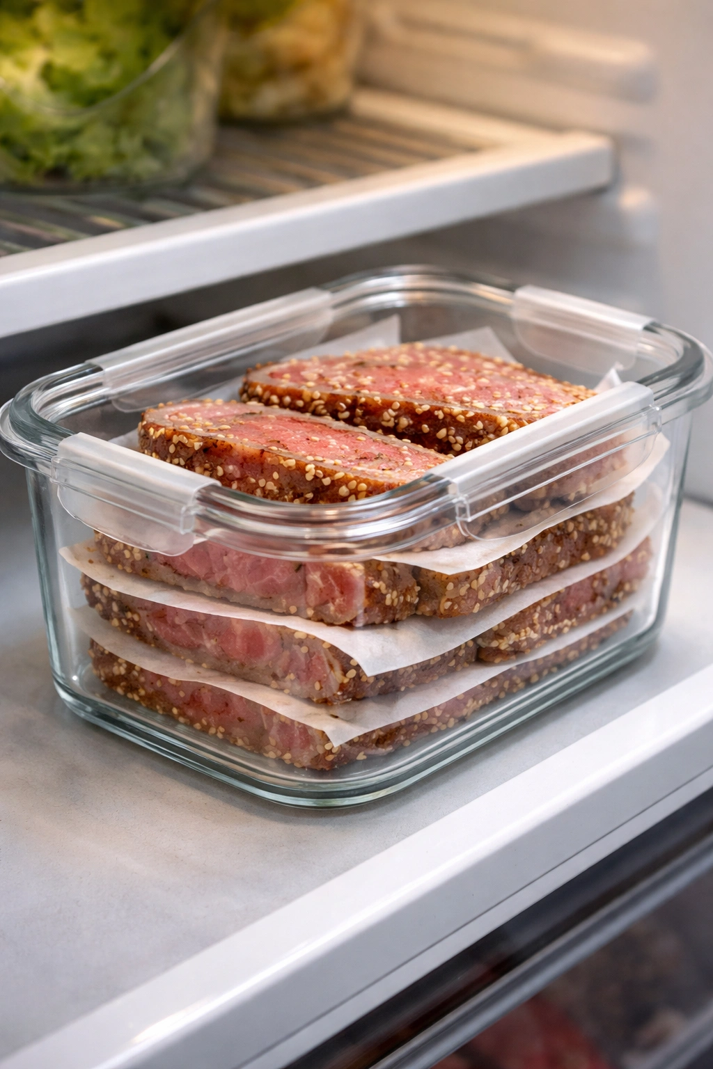 Airtight container with layered seared tuna for refrigeration