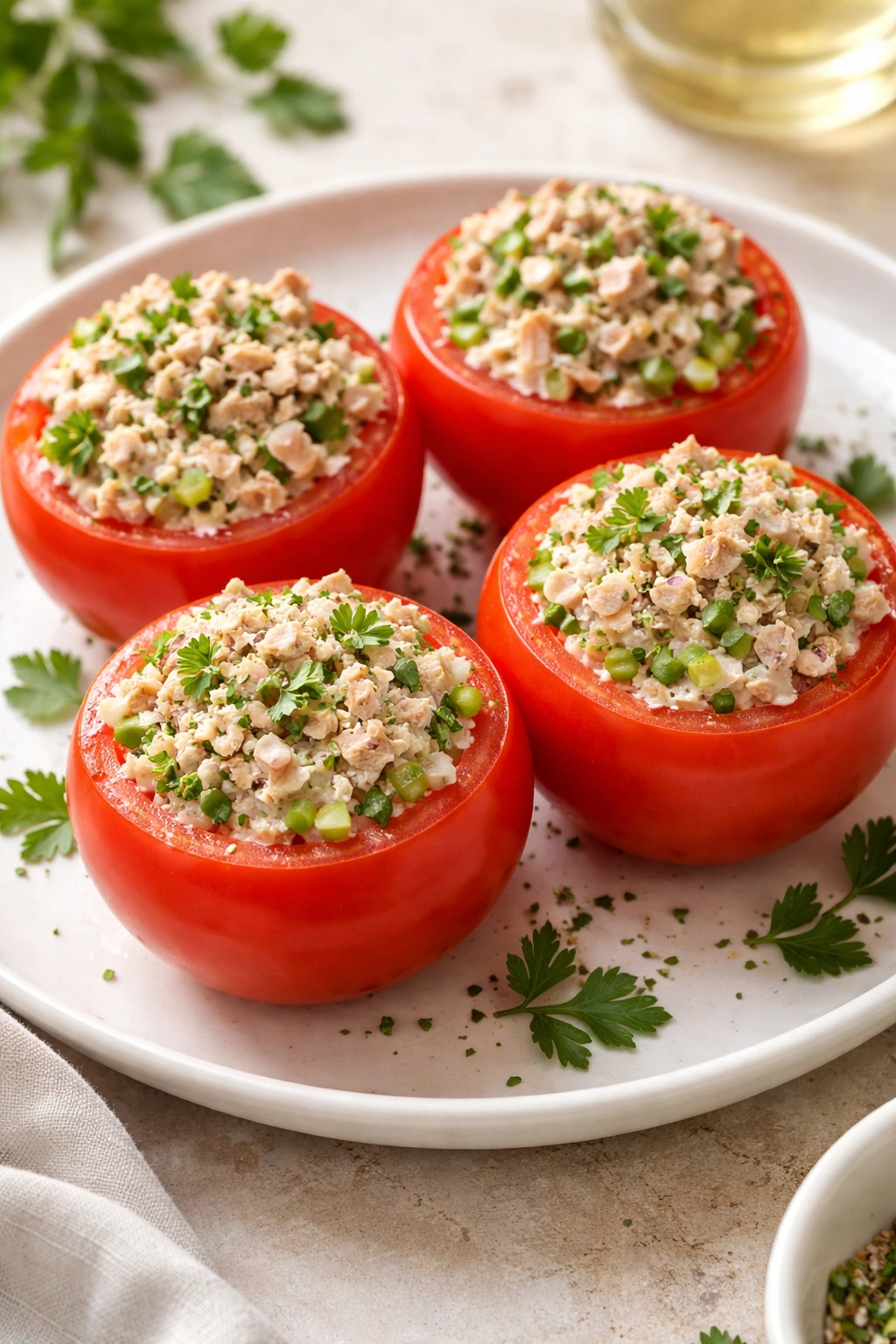 Tuna-stuffed tomato on a plate