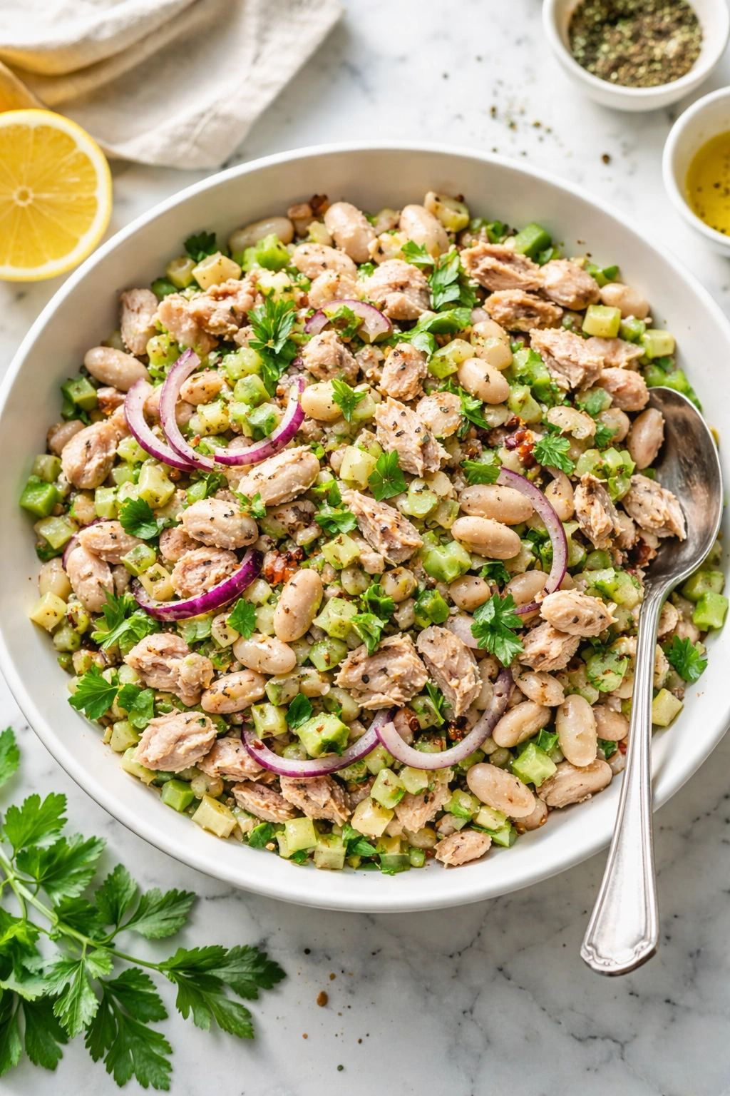 Tuna and white bean salad with red onion and celery in a bowl
