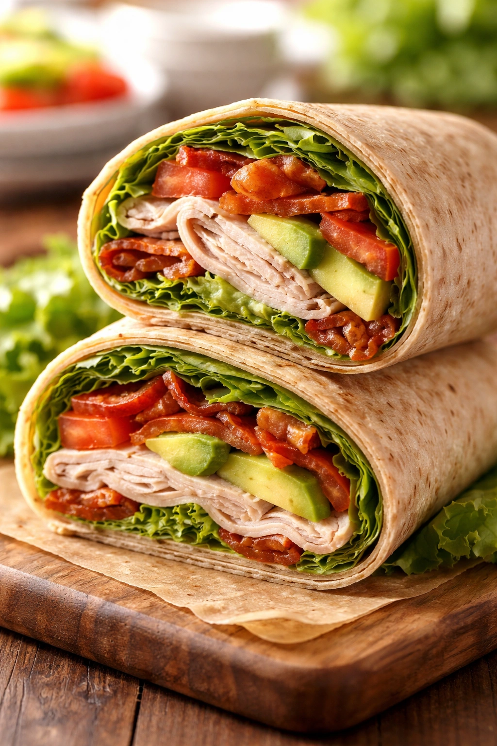 Cross-section of turkey avocado bacon wrap showing turkey, avocado, bacon