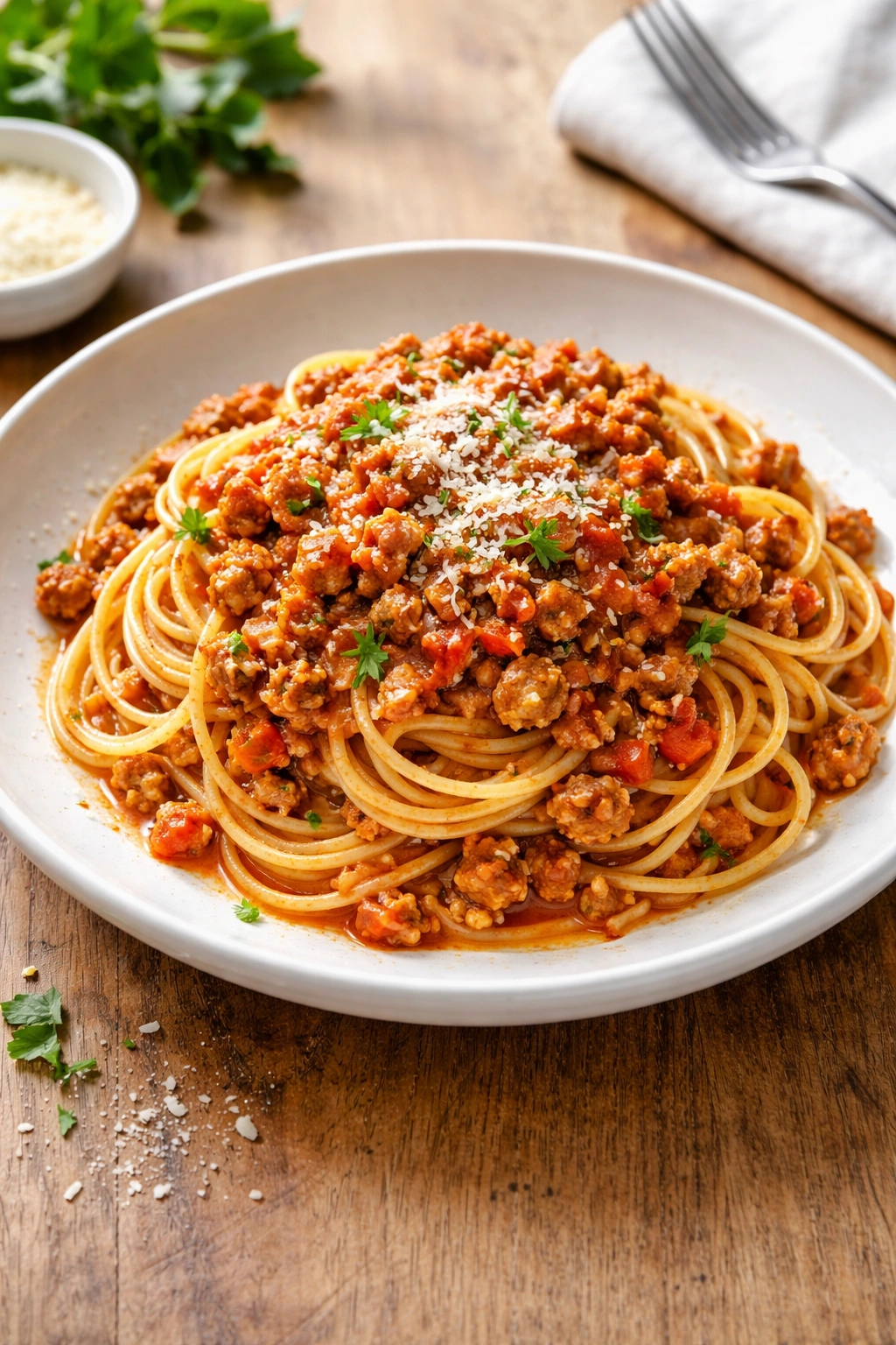 Plate of pasta with turkey bolognese sauce