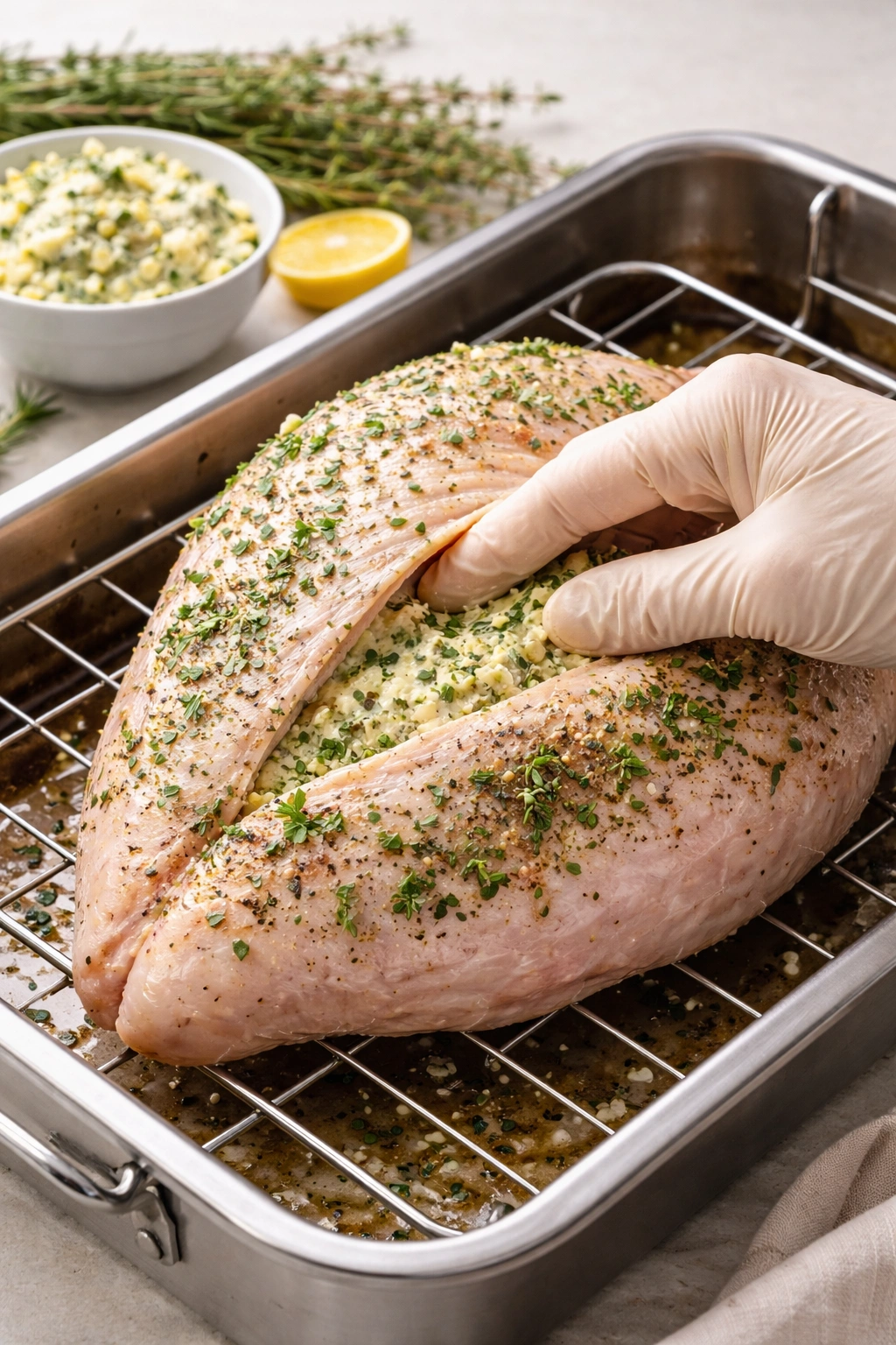 Close-up of a gloved hand tucking herb butter under the skin of a turkey breast