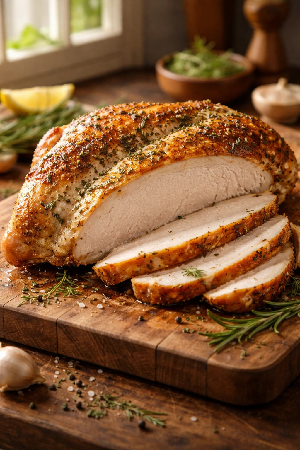 Close-up of a bone-in turkey breast with golden skin on a wooden board