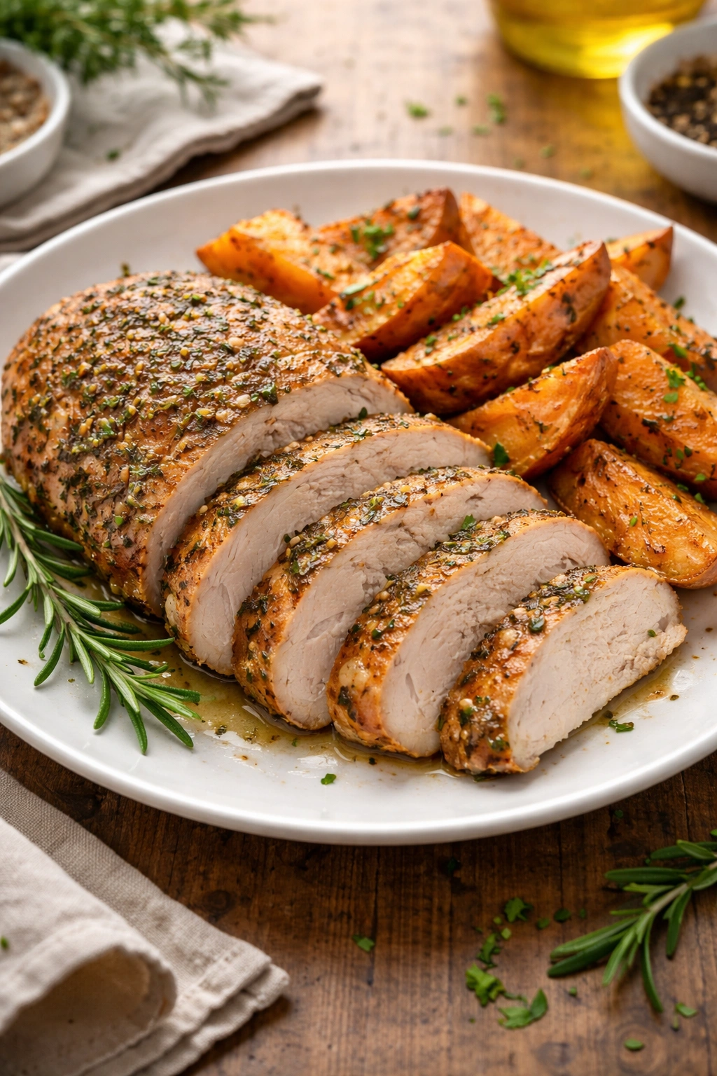 Herb-roasted turkey breast with sweet potato on a plate